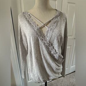 Daytrip gray Lace-Trim Crisscross V-Neck Sweater Top